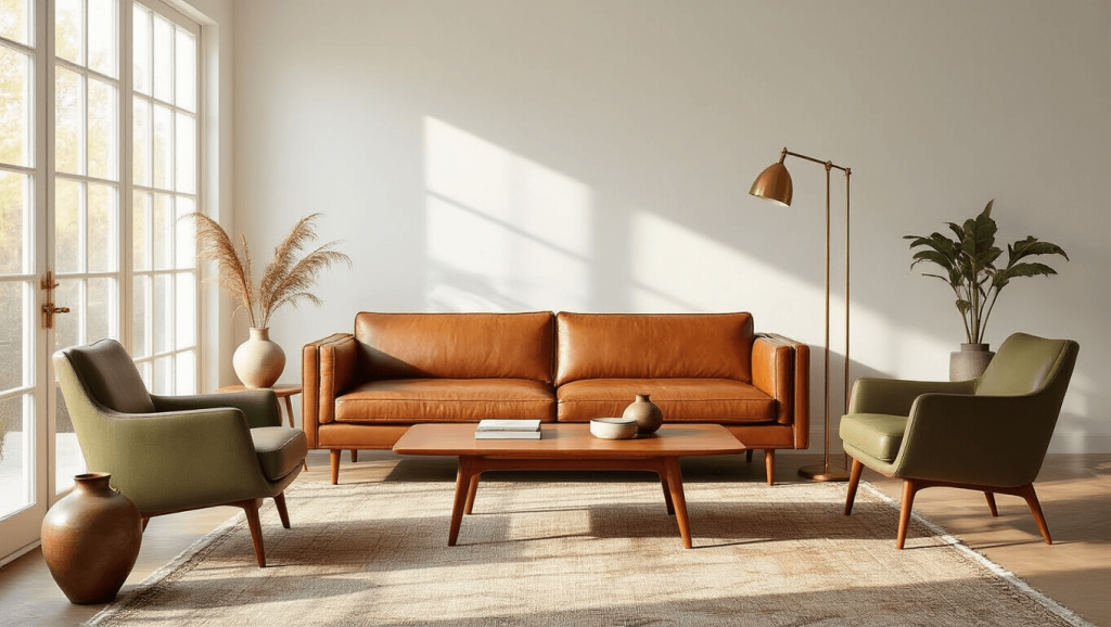 "Mid-century modern living room with a leather sofa, teak coffee table, and brass accents, bathed in warm natural sunlight."