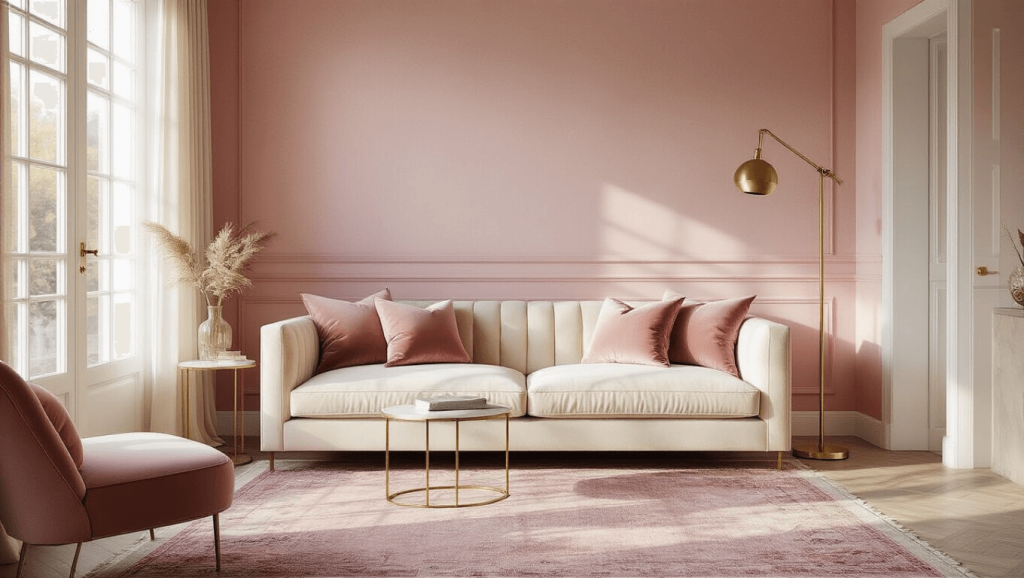"Modern pink living room with blush accent wall, cream velvet sofa, brass accents, and natural light"
