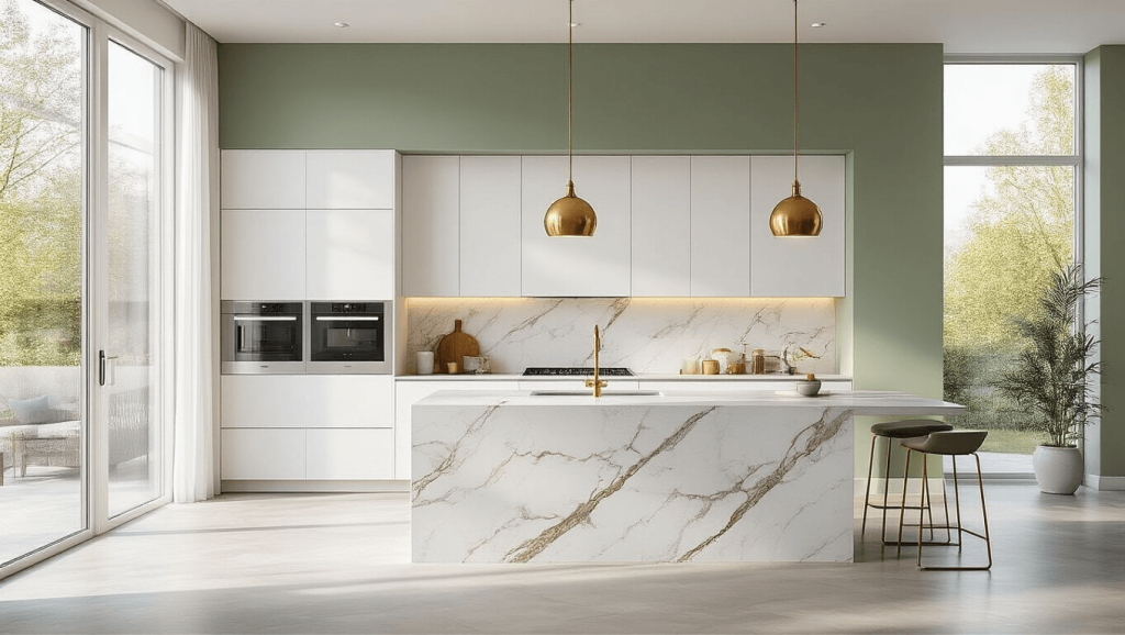 "Modern kitchen with white handleless cabinets, marble island, brass pendant lights, sage accent wall, and smart appliances illuminated by morning light."