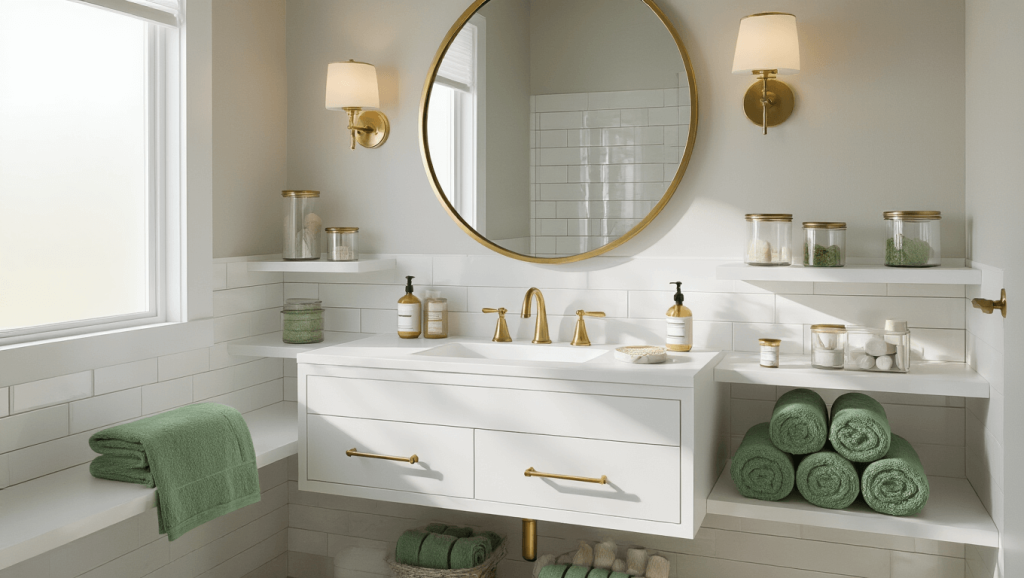"Minimalist modern bathroom with white floating vanity, brass fixtures and sage green accents"