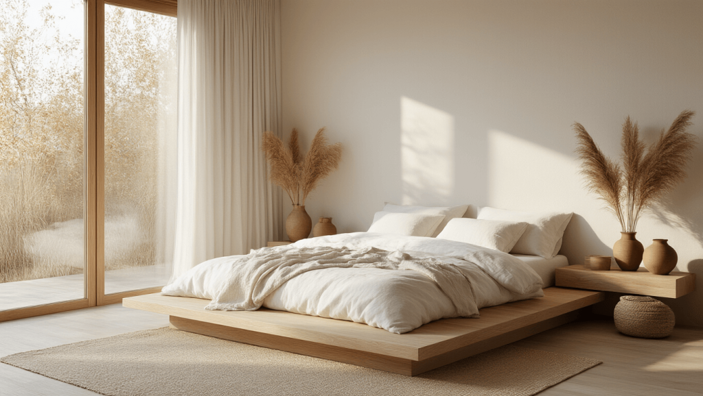 "Modern minimalist bedroom with low wooden platform bed, cream linens, and ambient morning light"