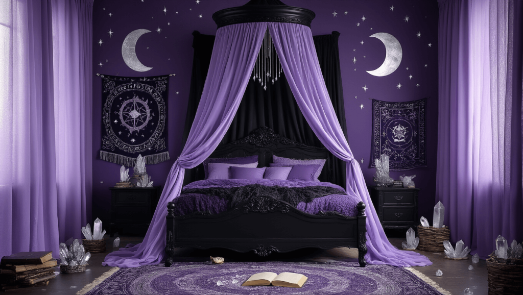 "Witchy bedroom with black canopy bed, lavender curtains, crystal clusters, celestial tapestries, and mystical ambient lighting"