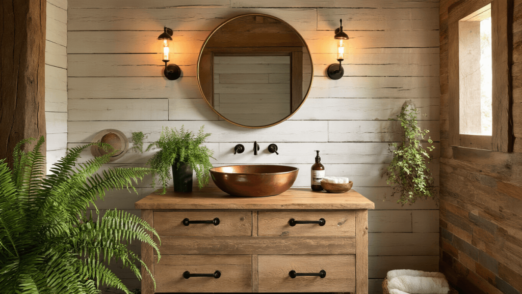 "Rustic cabin bathroom with wood vanity, copper sink, stone tiles, warm lighting, black fixtures, green ferns, and herringbone slate floor"