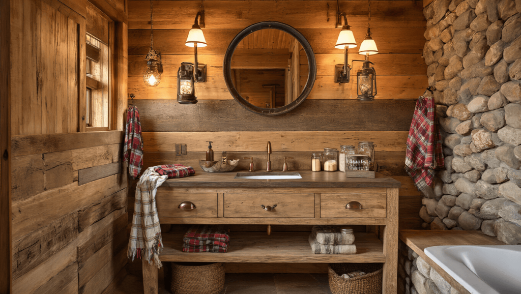 "Cozy cabin bathroom with rustic wood vanity, copper fixtures, stone wall accents, vintage lantern sconces and plaid accessories"