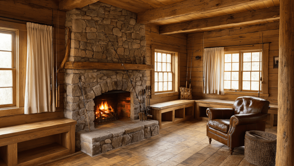 "Cozy rustic cabin interior with weathered wood walls, vintage fishing rods, leather armchair by a stone fireplace under a warm golden light"