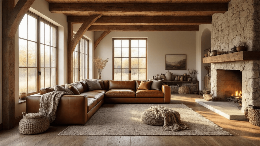 "Rustic living room with exposed wooden beams, a brown leather sofa, stone fireplace and warm natural light filtering through large windows"