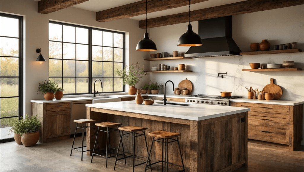 "Modern rustic kitchen with reclaimed wood island, white marble countertops and matte black pendants during golden hour"