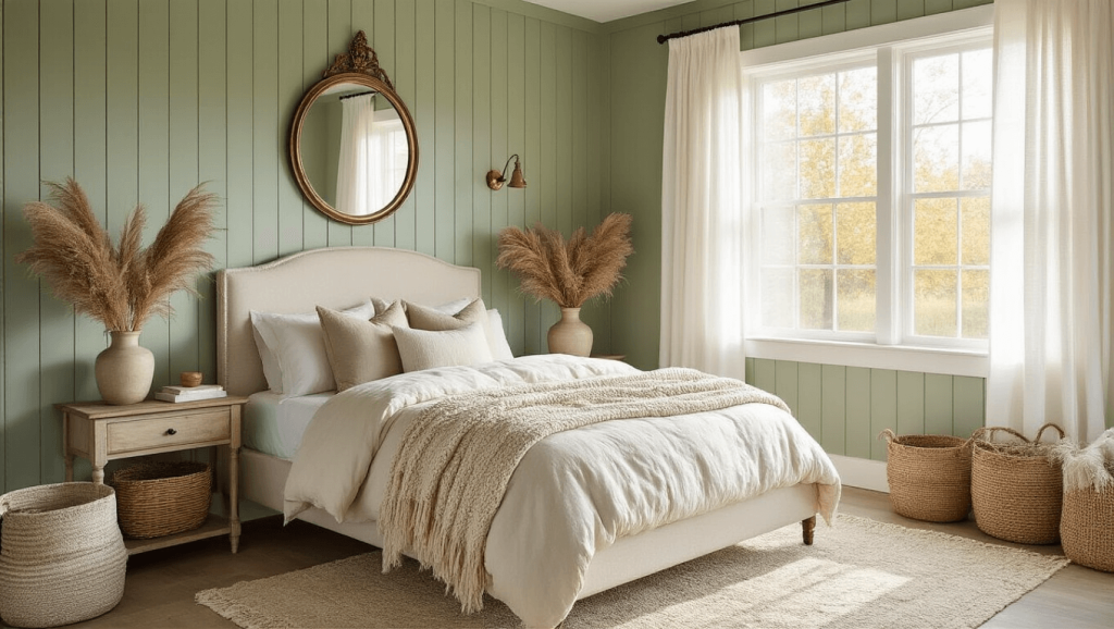 "Serene farmhouse bedroom with sage green shiplap walls, cream upholstered bed, vintage brass mirror, and knit throws in soft morning light"