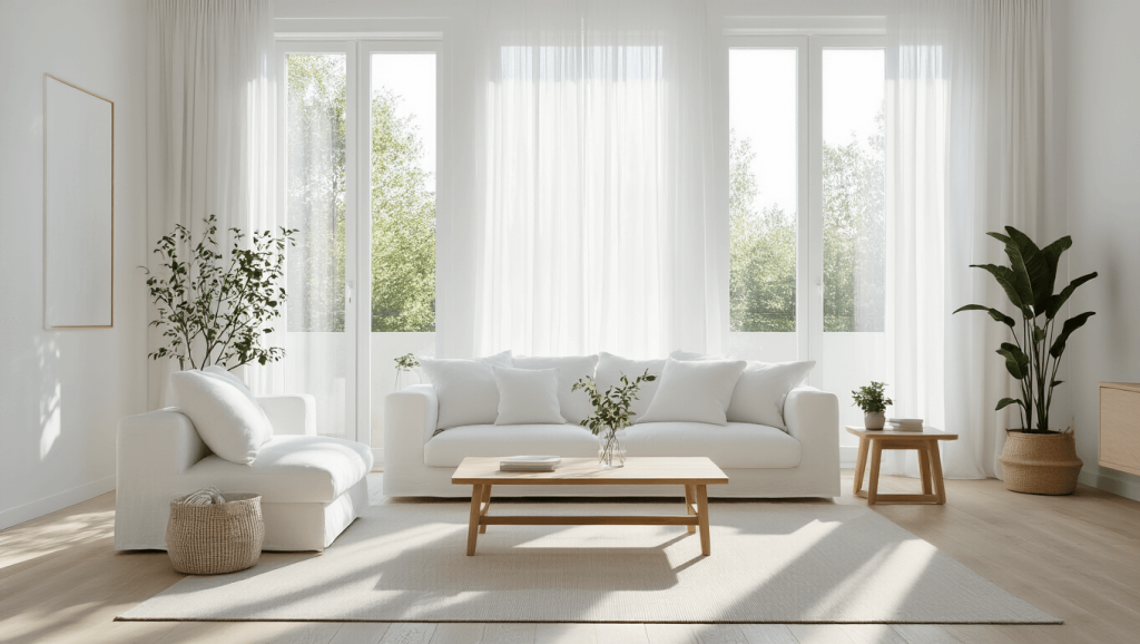 "Scandinavian style living room with white linen sofa, light oak coffee table, sheer curtains, and floor-to-ceiling windows allowing in natural light"