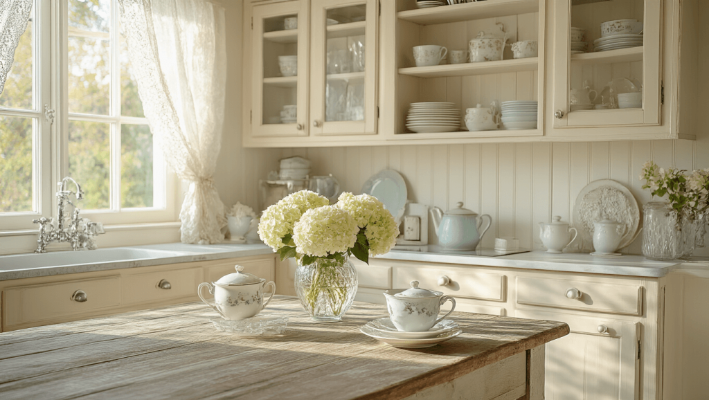 "Vintage shabby chic kitchen with distressed cream cabinets, weathered wooden table, lace curtains and pastel blue accents"