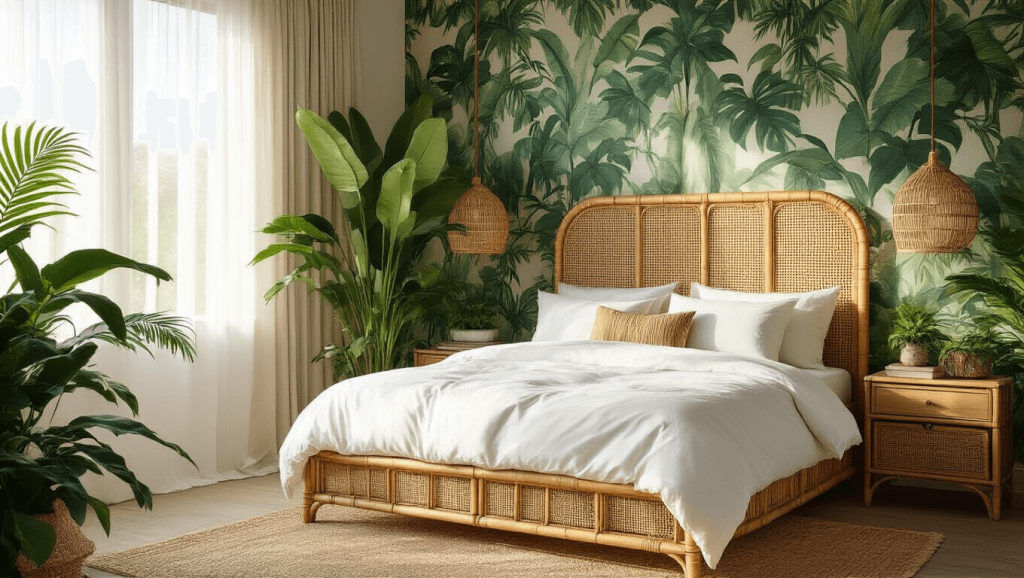 "Tropical bedroom with rattan bed, monstera plants, bamboo accents, and sunlight filtering through sheer curtains during golden hour"