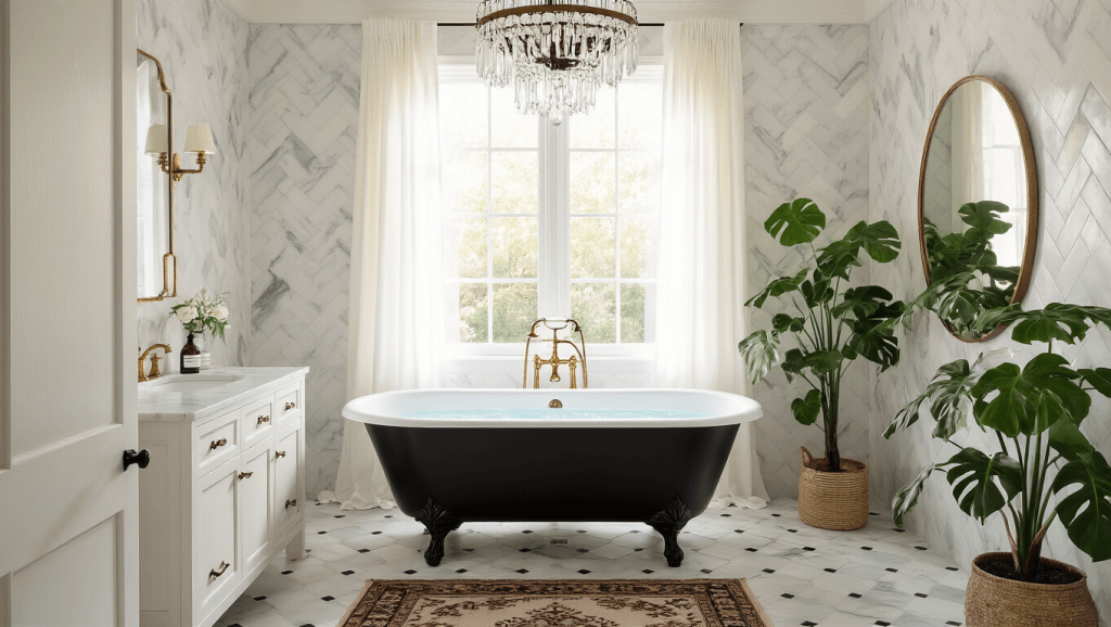 "Vintage modern bathroom with black clawfoot tub, marble walls, brass fixtures, and morning light."