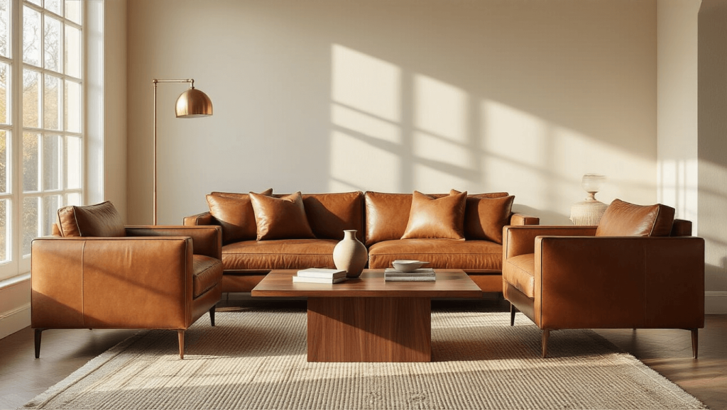 "Mid-century modern living room with cognac leather sofa, walnut coffee table, brass accents, cream walls and warm sunlight illuminating the room"