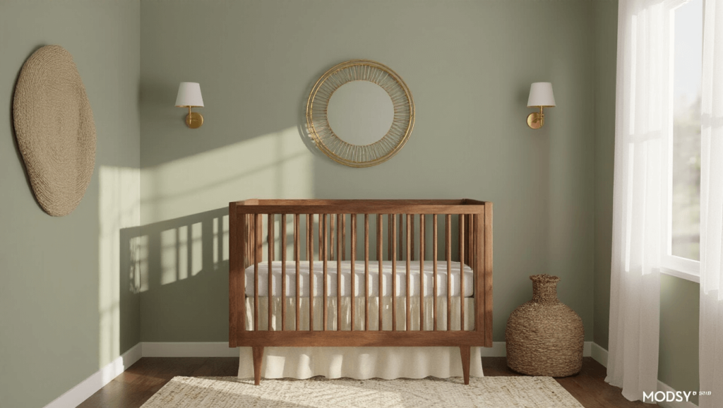 "Vintage modern nursery with sage green walls, walnut crib, brass accents, and golden hour light streaming through sheer curtains, decorated with vintage decor on a clean background"
