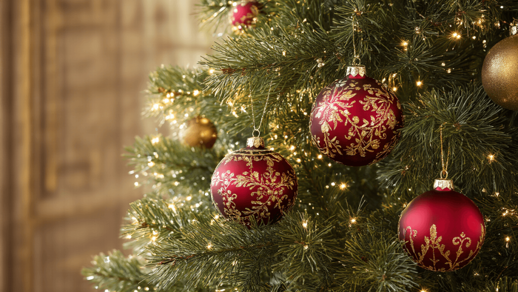 "Vintage Christmas ornaments in burgundy and gold colors, made of Victorian mercury glass with velvet textures, adorning a noble fir tree, sparkling under the sunlight creating a warm holiday mood."