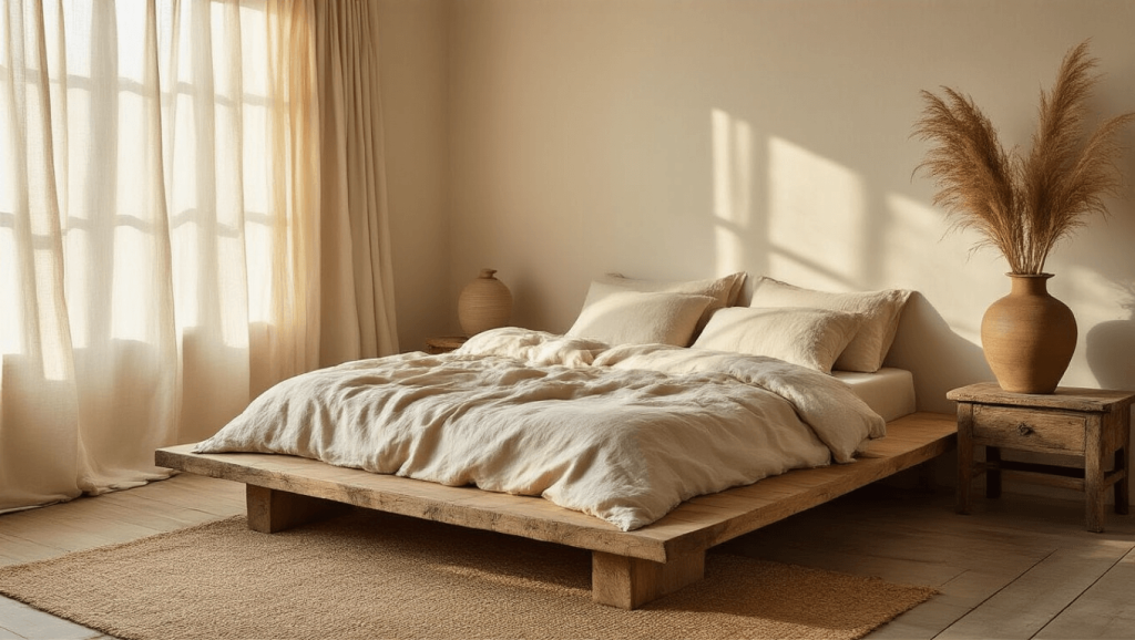 "Serene bedroom with low wooden platform bed, natural linen bedding, rustic nightstand with pampas grass vase, and warm golden light coming through sheer curtains"