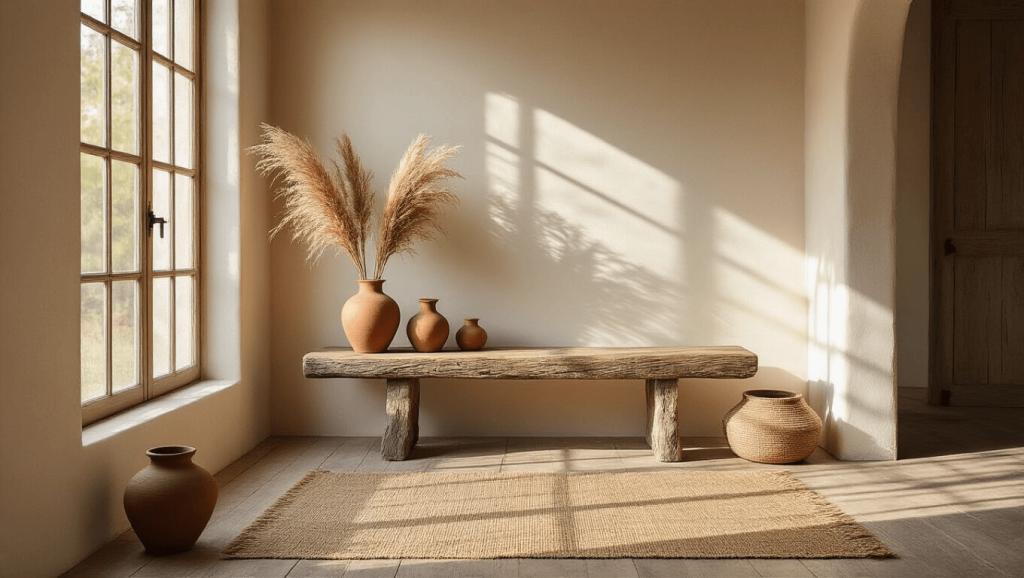 "Sunlit entryway with a weathered oak bench, clay vessels, jute runner, and natural light embodying wabi-sabi aesthetic"