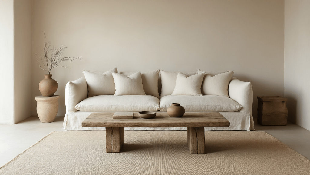 "Wabi-sabi styled living room with serene beige interior, linen sofa, handcrafted ceramics, aged wood coffee table, imbuing natural textures in soft morning light casting gentle shadows on neutral walls."