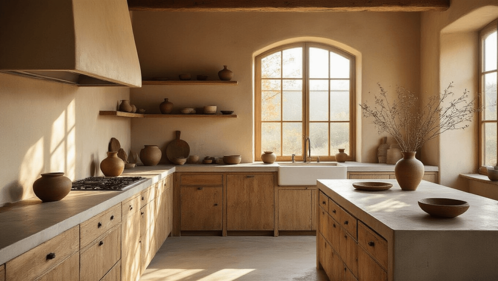 "Wabi-sabi kitchen with weathered oak cabinets, clay-toned walls, concrete island, ceramic vessels, dried herbs, and natural textures in warm sunlight"