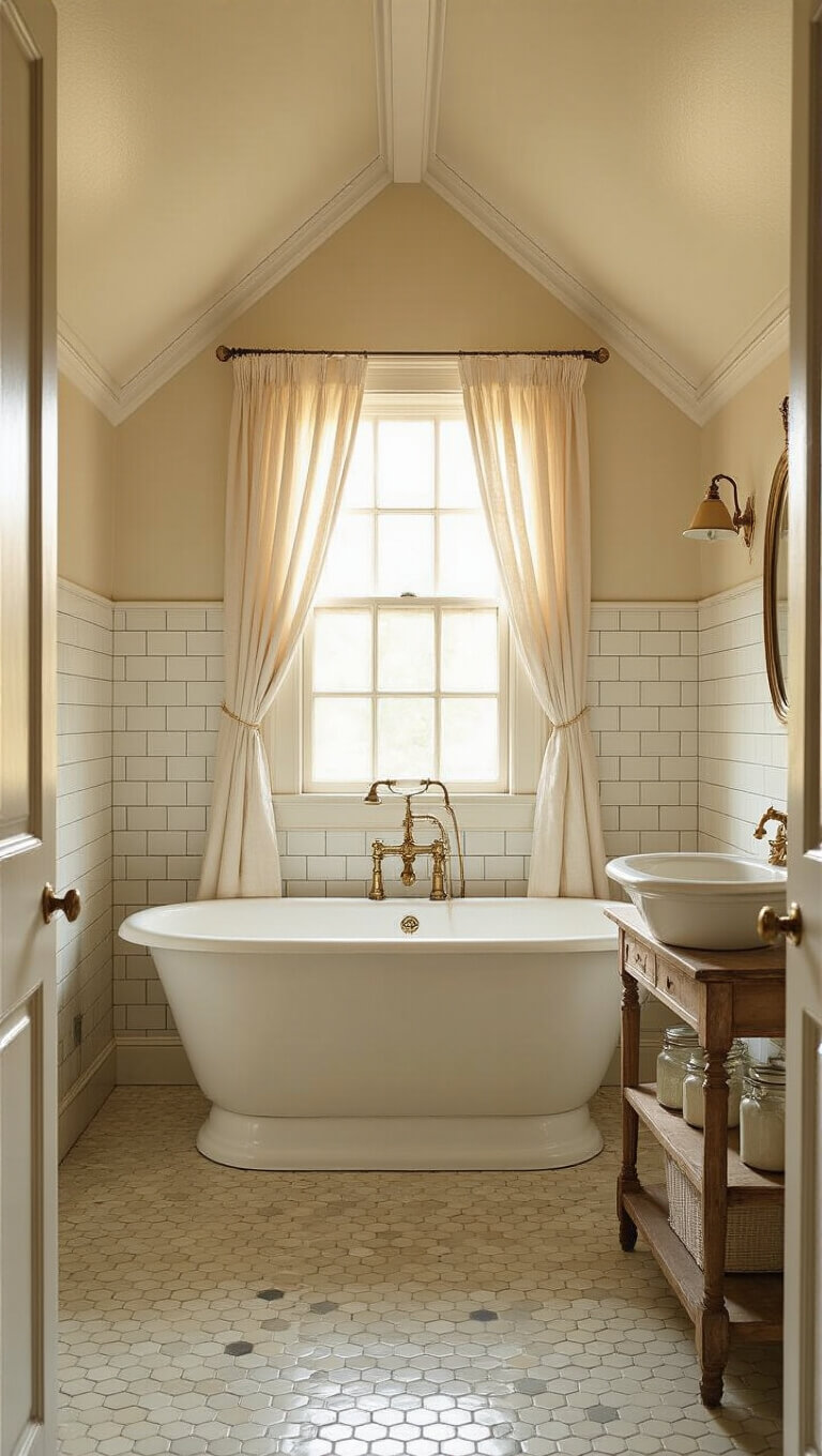 Vintage sunlit bathroom with clawfoot tub, brass fixtures, and antique details in golden hour light.