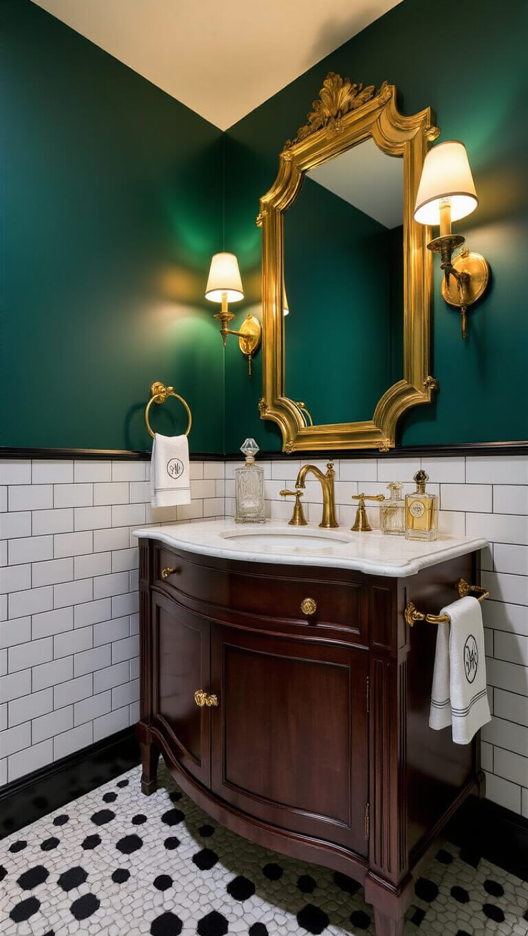 Art Deco powder room with black and white penny tiles, emerald green walls, brass sconces, mahogany vanity, gilded mirror, and vintage accents.