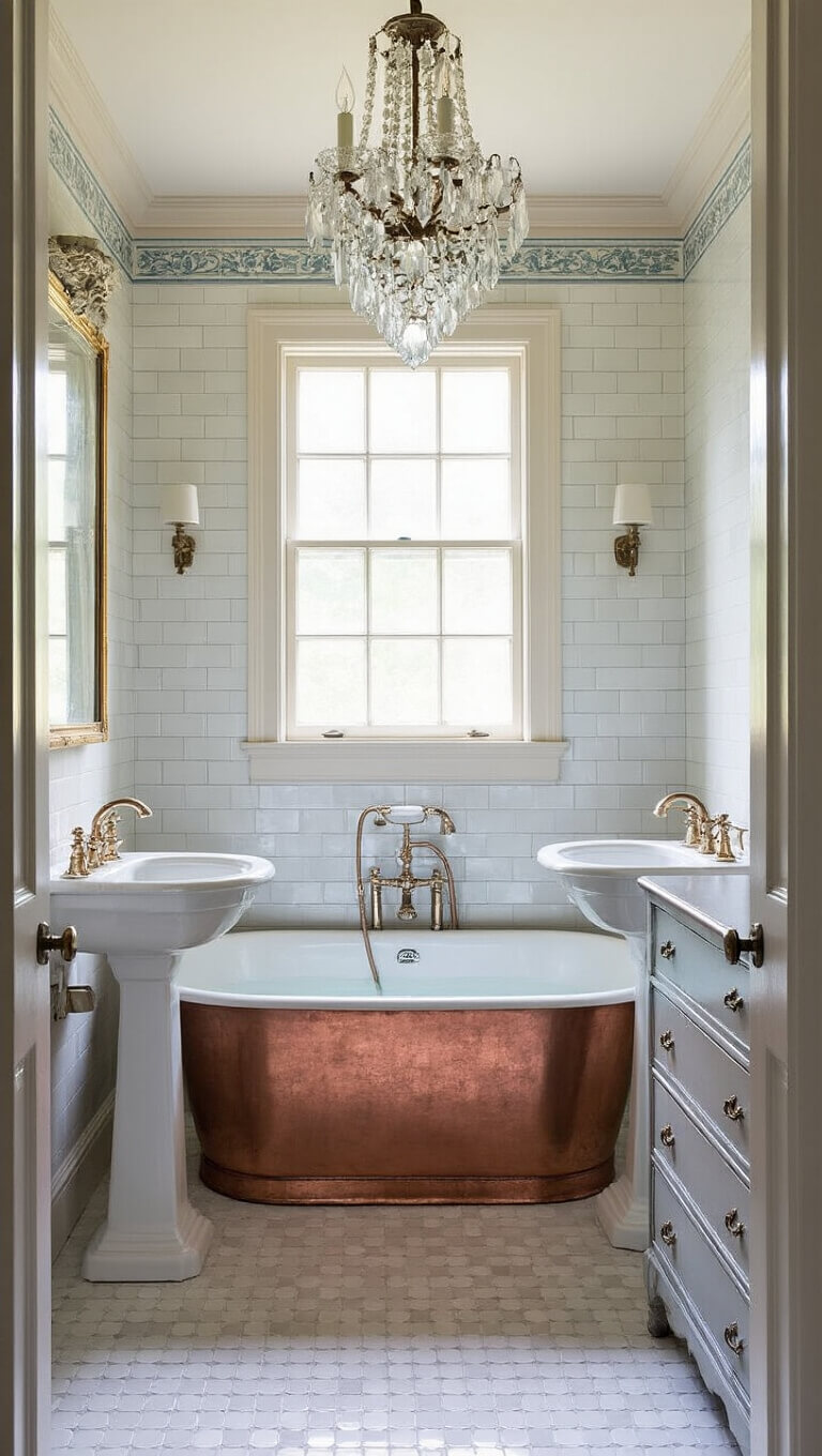 Elegant 12x14ft primary bathroom with freestanding copper tub, double pedestal sinks, vintage grey vanity, crystal chandelier, and subway tile in soft blue and white under morning light.