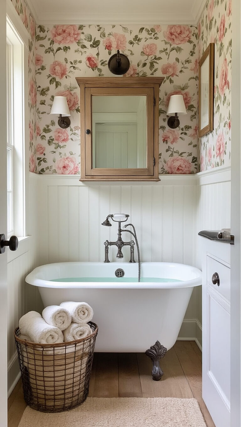 Farmhouse-style 5x7ft guest bathroom with clawfoot tub, white beadboard wainscoting, rose botanical wallpaper, and vintage accents.