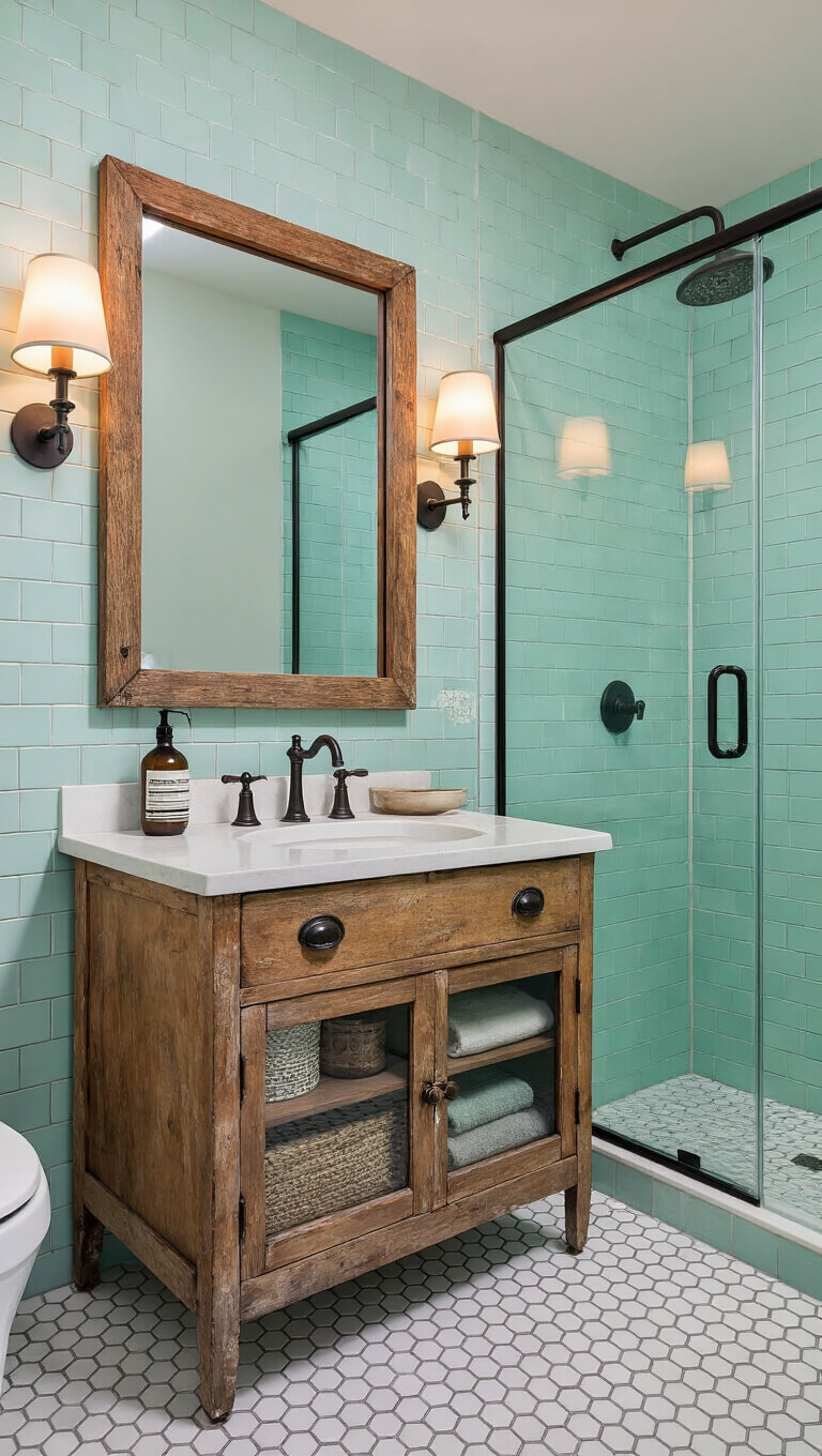 Modern-vintage 10x12ft bathroom at twilight with mint green 1930s hex tiles, antique dresser vanity, industrial sconces, reclaimed wood mirror, glass rain shower, vintage apothecary cabinet, and mixed brass and matte black accents.