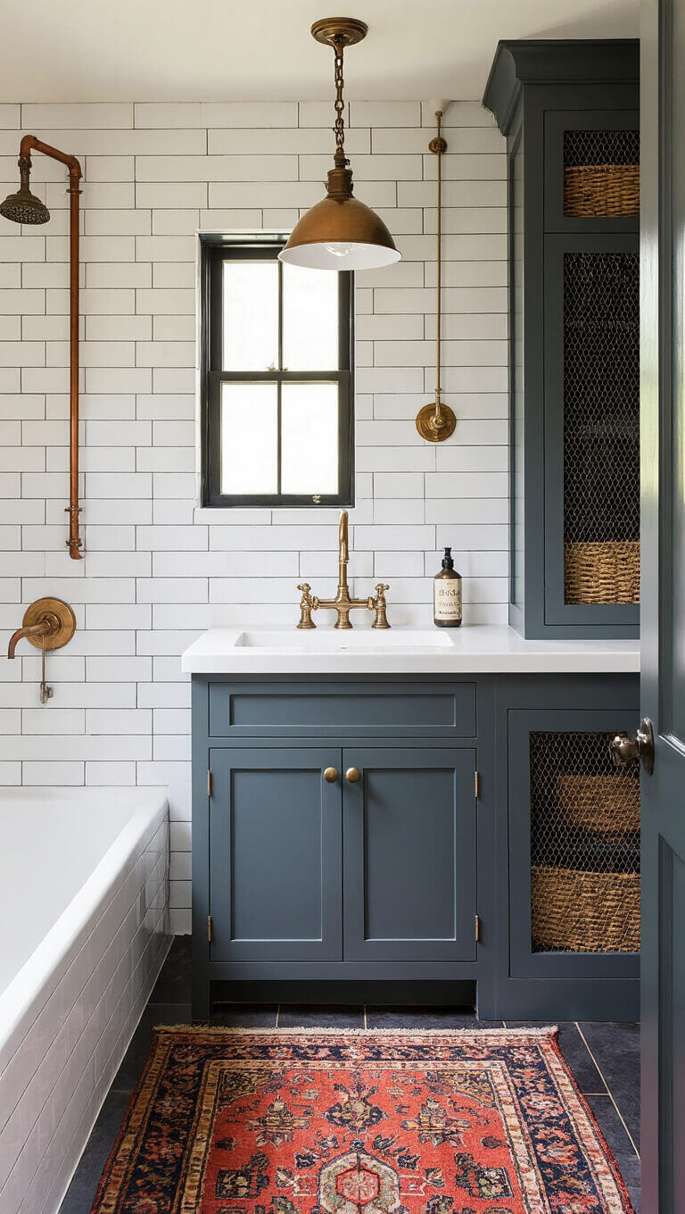 Vintage-style 7x9ft bathroom with pedestal sink, exposed copper pipes, subway tile, schoolhouse pendant light, built-in cabinet with chicken wire, and antique Turkish rug.