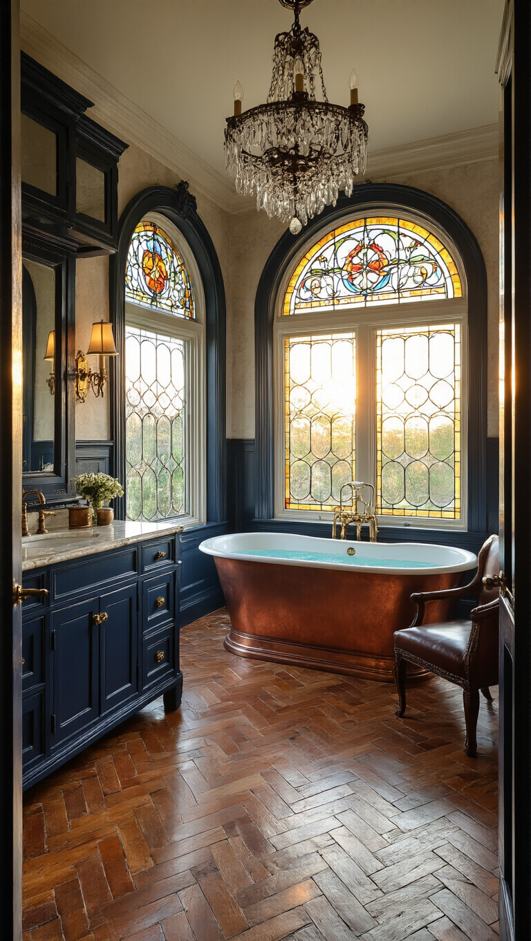Luxurious 11x13ft master bath at sunrise with stained glass window casting colored light, antique navy vanity, marble herringbone floor with brass inlay, copper soaking tub under crystal chandelier, and vintage leather chair in corner.