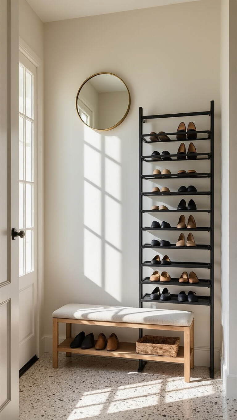 Modern entryway with vertical black metal shoe rack, terrazzo flooring, blonde wood bench, and round brass mirror in soft morning light.