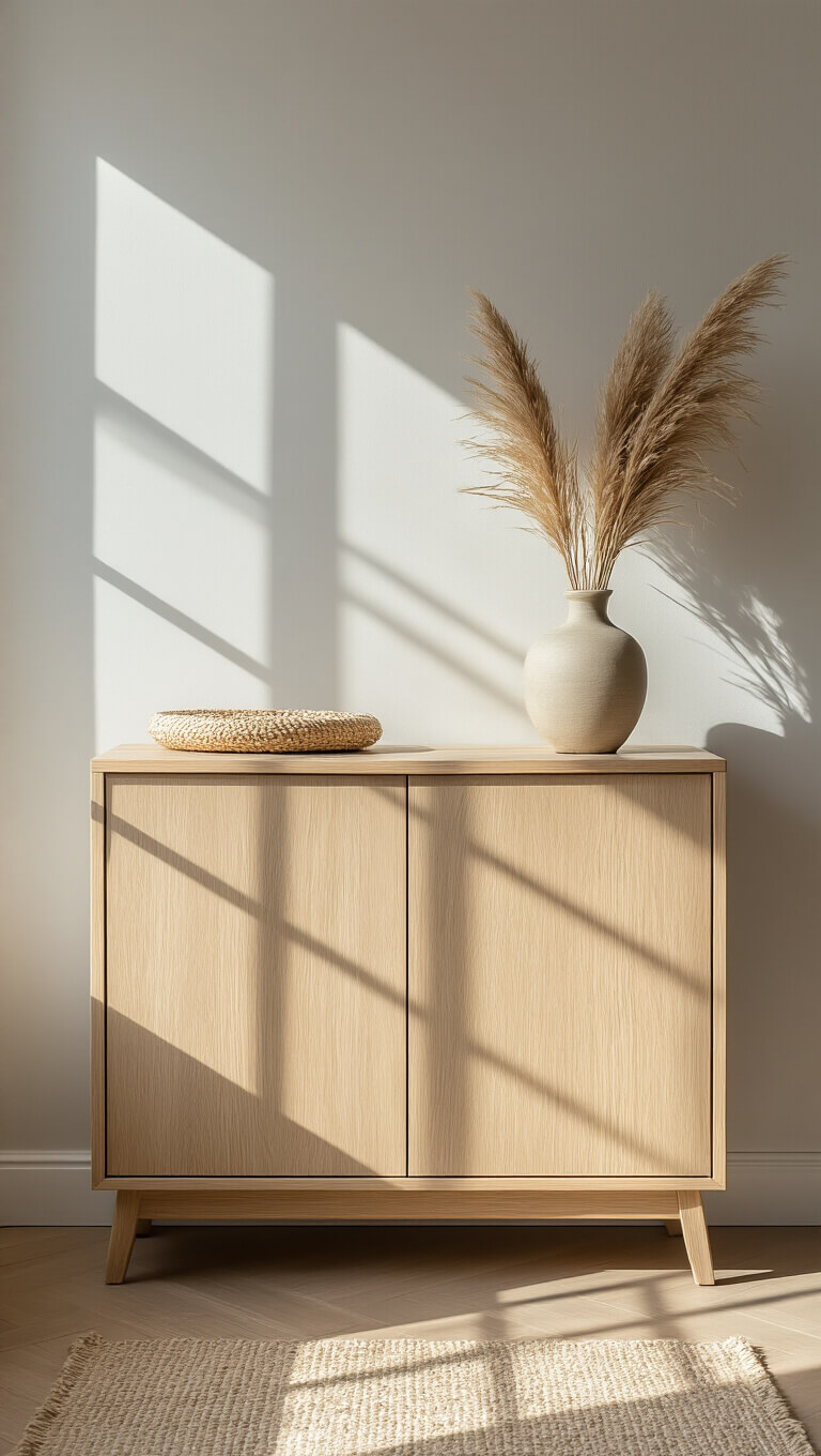 Minimalist light oak shoe cabinet with handwoven runner and pampas grass vase, set against pale gray wall with diagonal sunlight shadows on ashen hardwood floor.