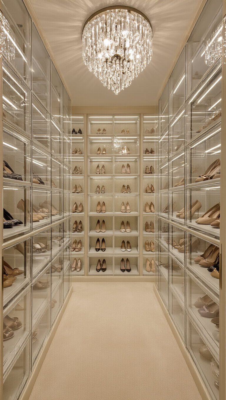 Luxury walk-in closet with floor-to-ceiling acrylic shoe cubes, LED backlighting, crystal chandelier, plush cream carpet, and champagne wallpaper displaying designer footwear.
