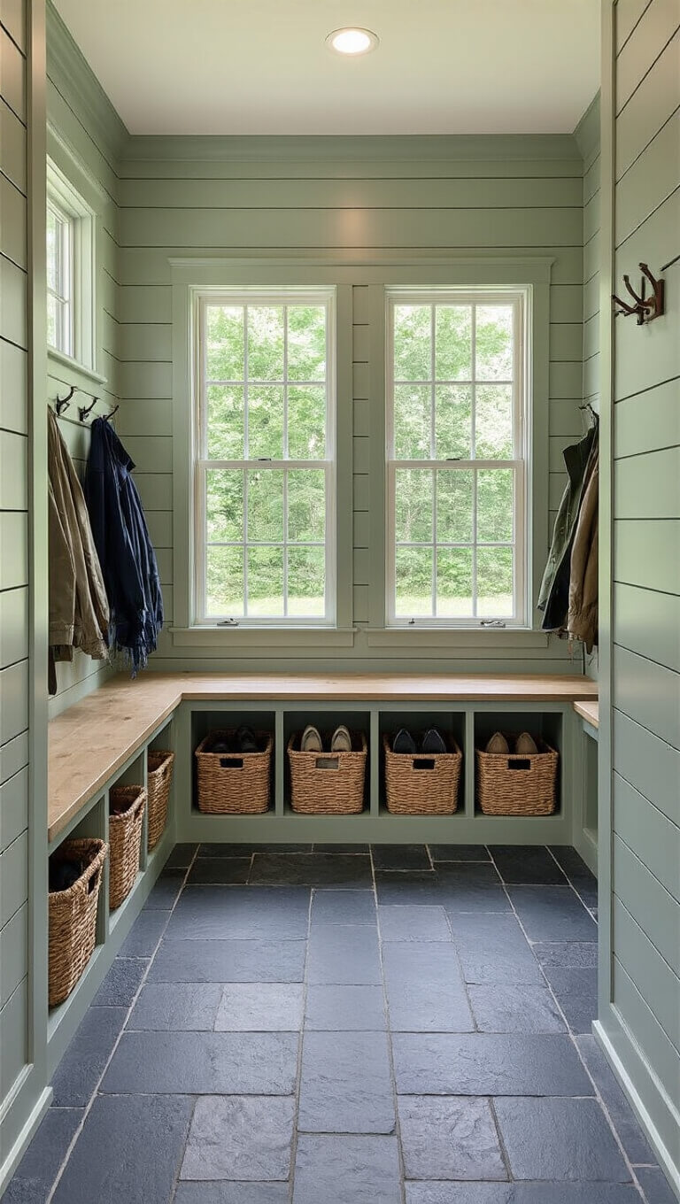 Bright sage green mudroom with shiplap walls, built-in bench and cubbies, charcoal slate floor, coat hooks with jackets, and natural light from windows.