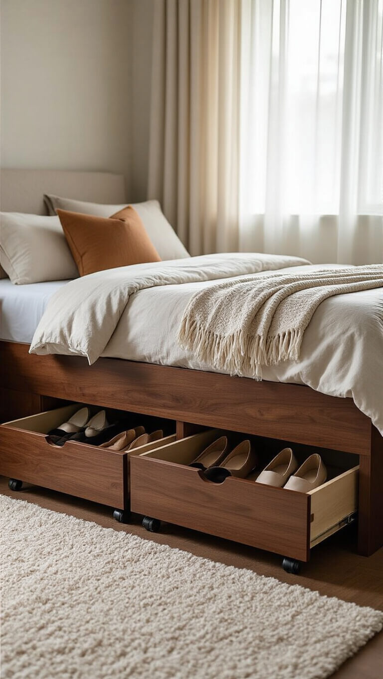 Low-profile wheeled shoe drawers under walnut platform bed in cozy bedroom with ivory rug and soft natural light.