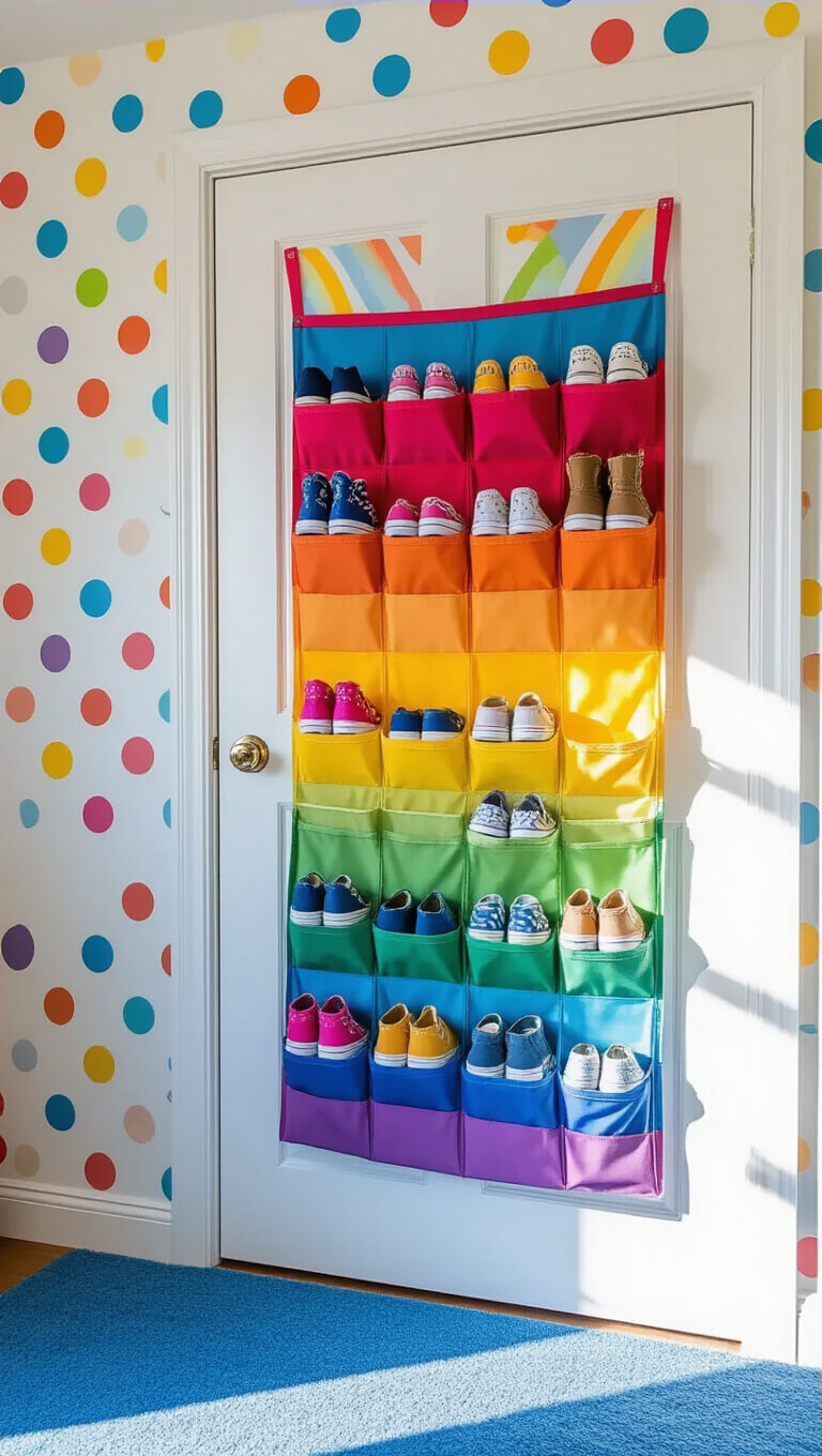 Rainbow hanging shoe organizer on kids' room door with sneakers and boots in clear pockets, set against polka dot wallpaper and blue carpet.
