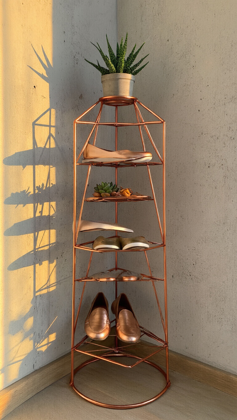 Geometric copper shoe rack in industrial-chic studio corner with warm golden hour light and potted succulent against textured concrete wall.