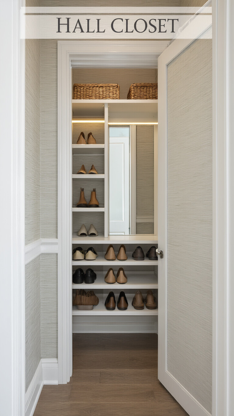 Organized 4x6ft hall closet with LED-lit white melamine shoe shelves, full-length mirror on door, and textured grasscloth wallpaper.