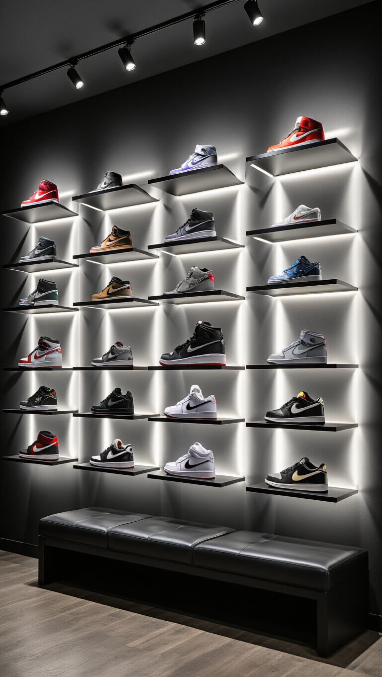 Illuminated sneaker display wall with floating shelves, dramatic lighting, and black leather bench against a charcoal backdrop.