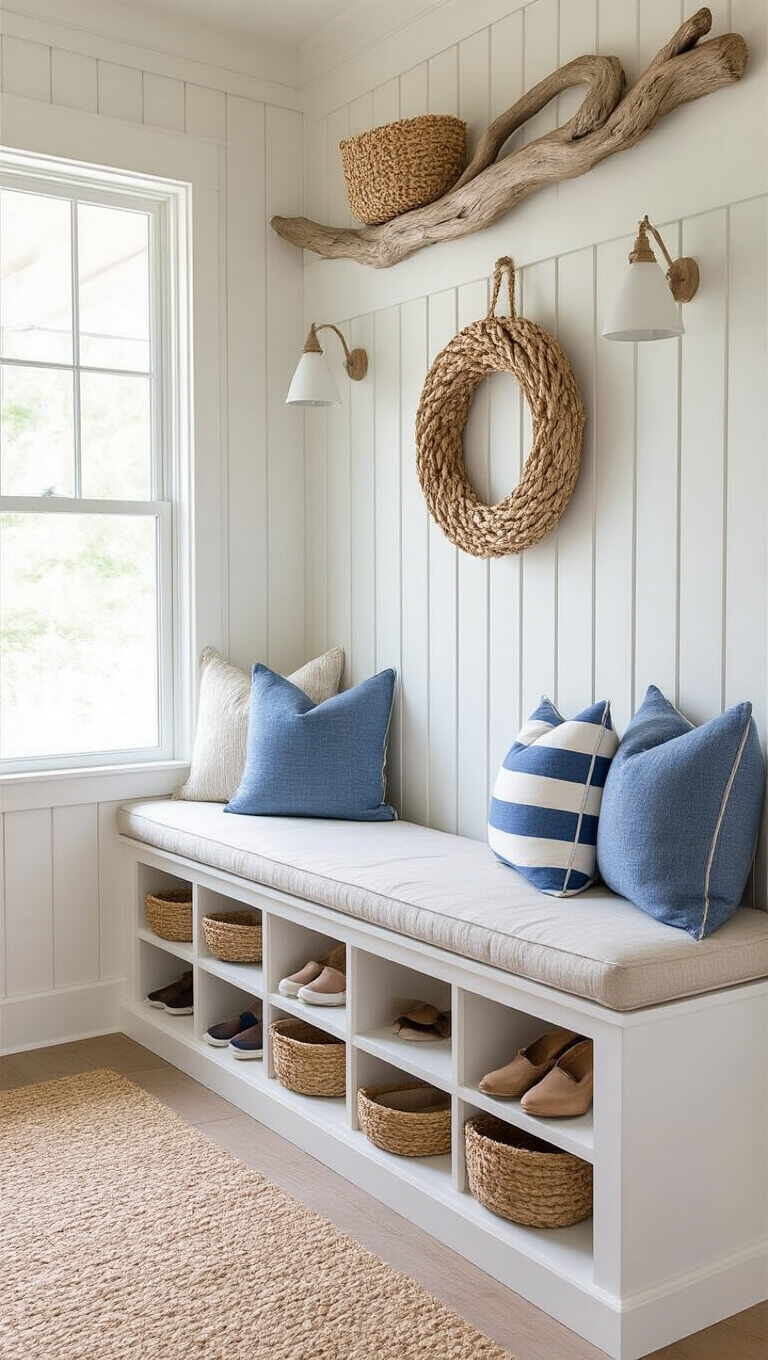 Coastal foyer with whitewashed shoe cubbies, built-in bench, natural cushions, blue-striped pillows, and driftwood decor in bright natural light.