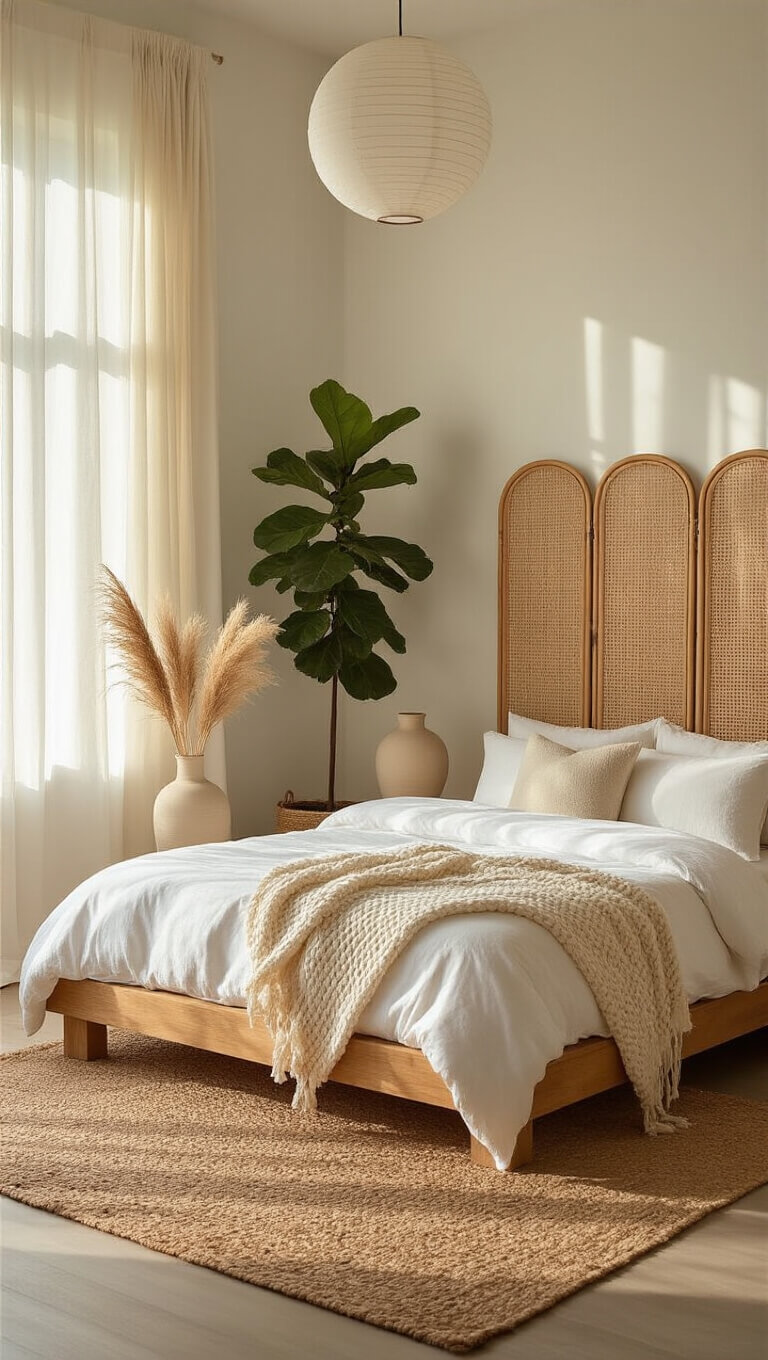 Cozy 12x14ft bedroom with low wooden bed, white linens, jute rug, and warm golden hour light through sheer curtains.