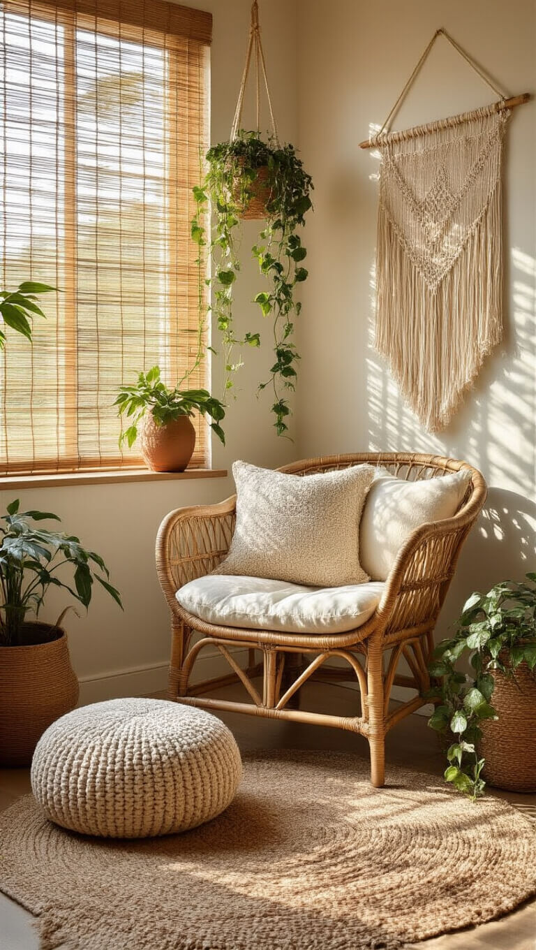 Cozy bedroom corner with vintage rattan chair, wool pouf, and morning light through bamboo blinds; macrame wall hanging, pothos in ceramic planter, and woven baskets add texture.