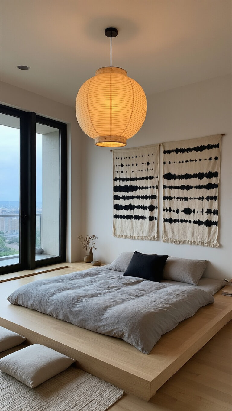 Minimalist 14x16ft zen bedroom at dusk with low futon on light oak platform, dove grey linens, warm rice paper pendant, shibori textile art, ceramic incense holder, and silk meditation cushions near tall windows.