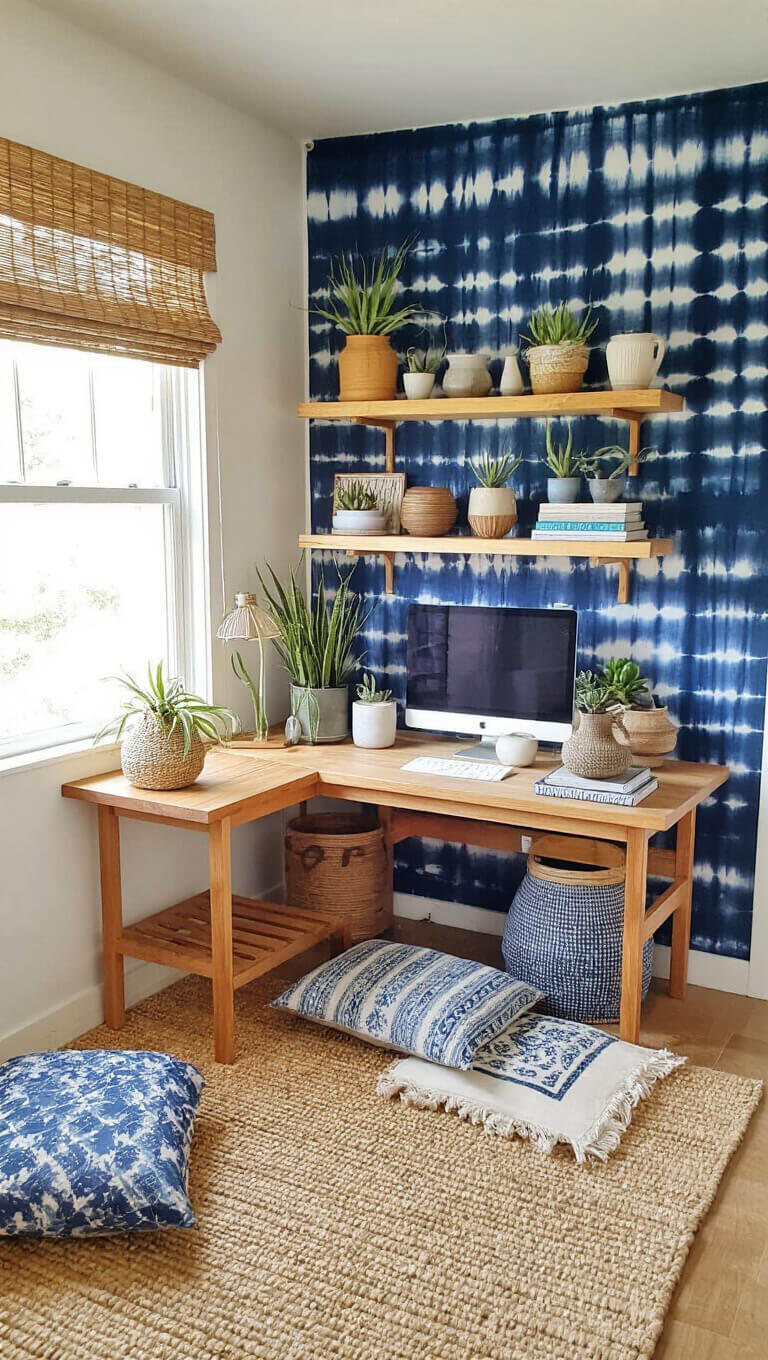 Low-seated workspace in sunlit bedroom corner with vintage wooden table, floor cushions, floating shelves of ceramics and air plants, bamboo shade, and indigo shibori backdrop.