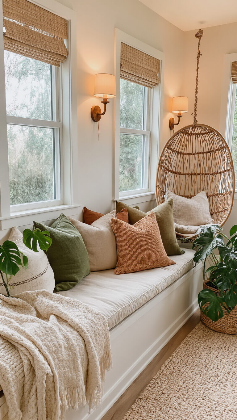 Cozy 11x13ft bedroom reading nook at twilight with cushioned floor-level window seat, earth-toned pillows, hanging rattan chair with throw, ceramic wall sconces, and potted monstera.
