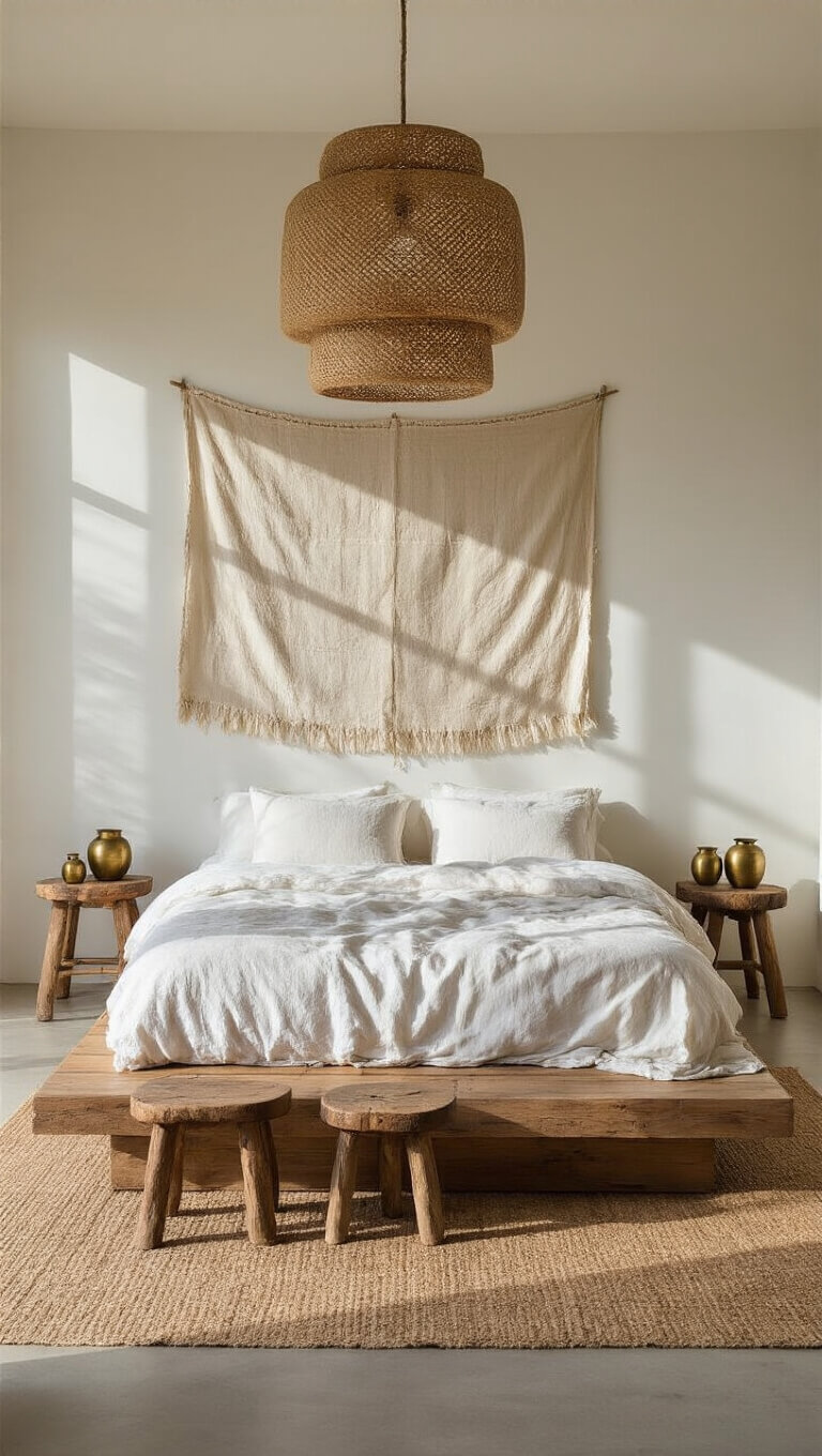 Peaceful 13x15ft bedroom with low teak bed, white linen bedding, jute pendant light, vintage textile art, and brass-accented wooden stools.