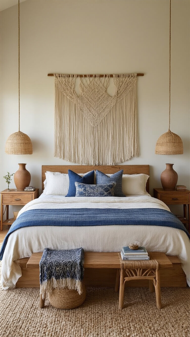 Symmetrical bedroom with platform bed in indigo and cream raw silk bedding, flanked by built-in wooden nightstands and ceramic lamps; oversized macrame headboard and sunset lighting enhance tranquil ambiance.