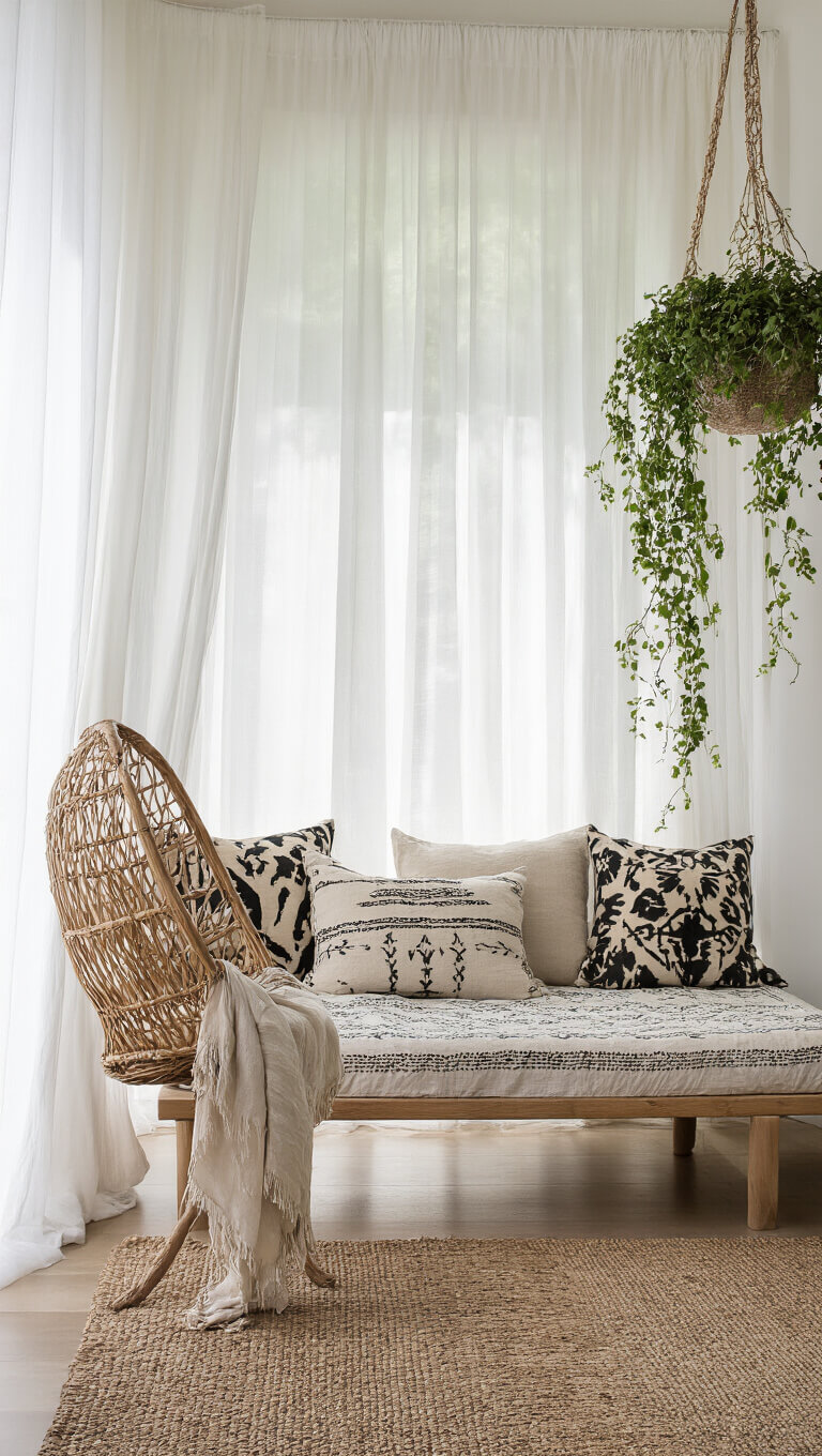 Airy bedroom alcove with sheer curtains, wooden daybed with vintage pillows, hanging rattan chair, and ceramic planters with trailing vines in soft morning light.