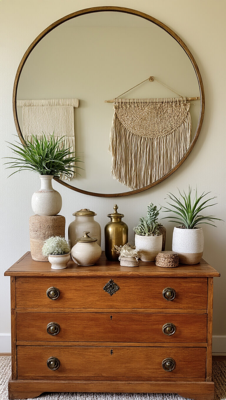 Styled dresser vignette in cozy bedroom with vintage wood chest, handmade ceramics, brass accents, air plants, oversized round mirror, and woven wall hanging.