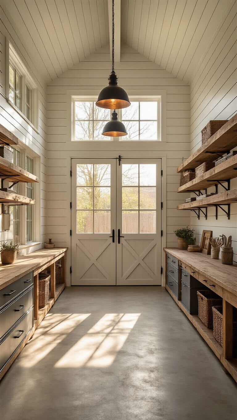 Sunlit 24x24ft garage conversion with 12ft ceilings, white oak carriage doors, transom windows, shiplap walls in Simply White, vintage pendant lights, metal storage, reclaimed wood workbench, and matte black hardware.